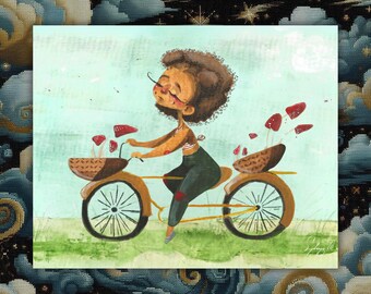 Joyous Bike Ride 8.5x11 Print | Fantasy Illustration | Fantasy Art | Wall Art | Whimsical Art | Cottage Core Art | Mushroom Art | Bike Art