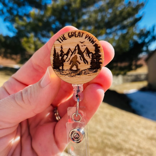 Wood PNW Badge Reel | Sasquatch Badge | The Great PNW | Mountain ID holder |