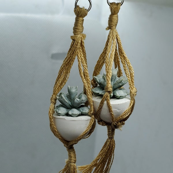 Macrame Earrings, Hanging Plant Earrings, Plant Earrings, Succulent Earrings, Gifts For Her, Macrame Plant Earrings, Clay Earrings