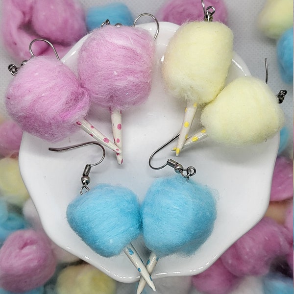 Cotton Candy Earrings, Candy Earrings, Sweet Earrings, Summer Earrings, Pink, Yellow, Blue Earrings, Miniatures, Gifts For Her, Dollhouse