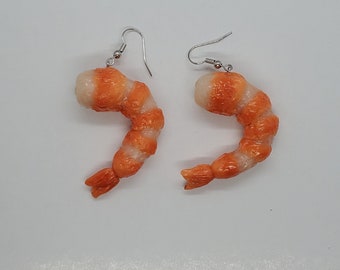 Shrimp Earrings, Seafood Earrings, Fish Earrings, Shrimp Jewelry, Raw Shrimp Earrings, Sushi Earrings, Miniatures, Gifts For Her, Clay Food