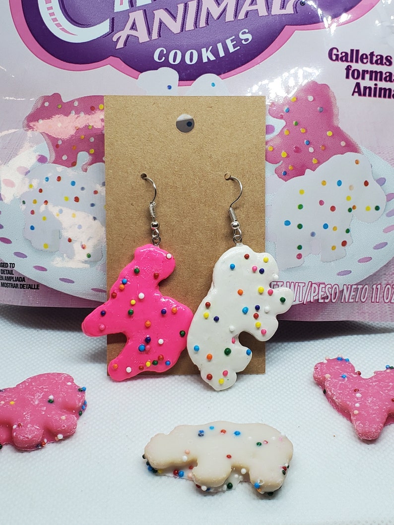 Animal Cookies, White And Pink Animal Cookies, Animal Crackers, Animal Earrings, Cookie Earrings, Snack Earrings, Gifts For Her, Miniatures 