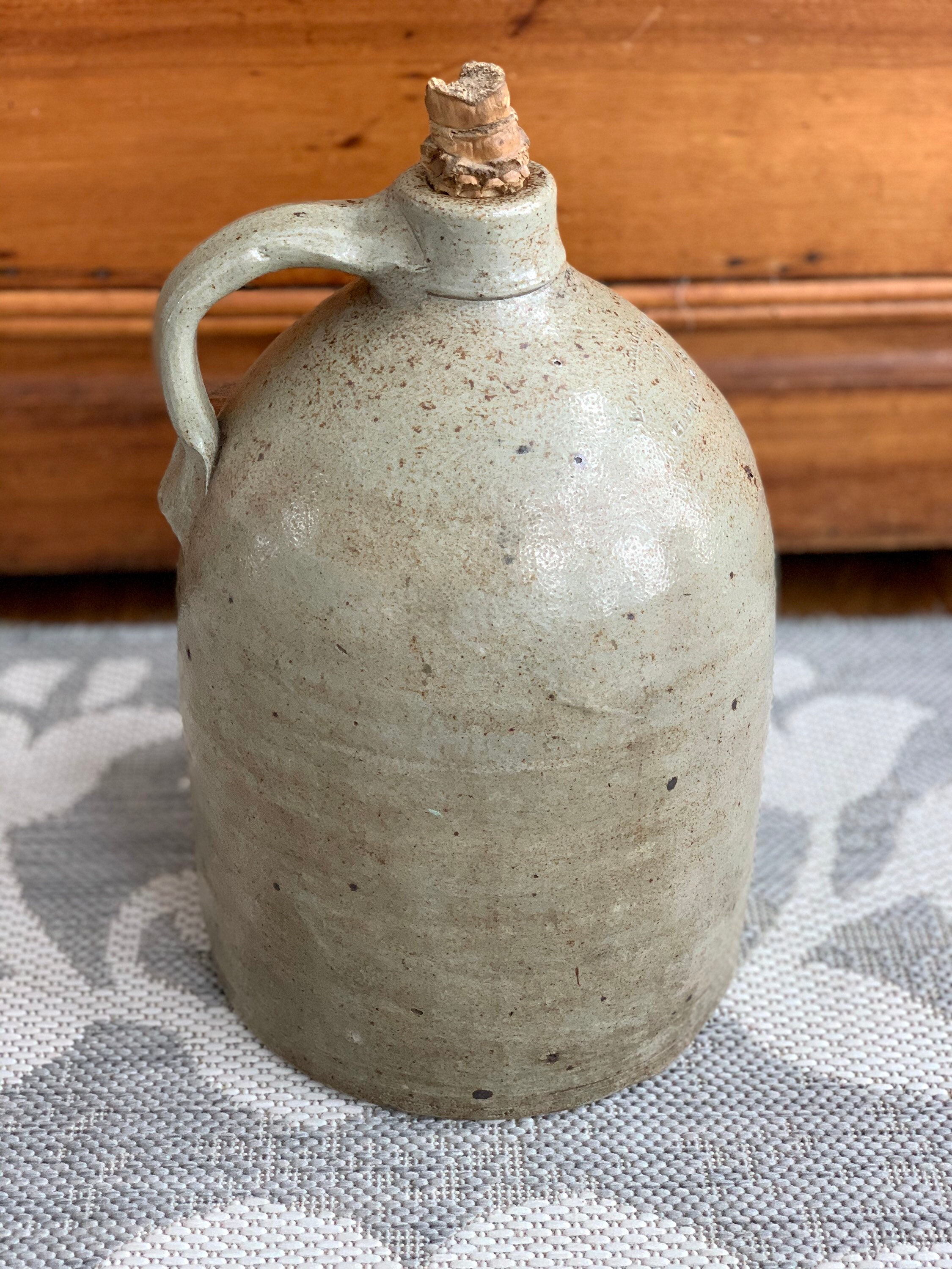 Antique Dipped Stoneware Whiskey Jug with Handle Modern Farmhouse