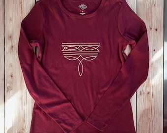 Boot Stitch Embroidered Women's T-Shirt •  Long Sleeve Crew Neck Tee • 100% Cotton • WINE • Equestrian • Cowgirl • Western • Rodeo • Horse