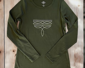 Boot Stitch Embroidered Women's T-Shirt •  Long Sleeve Crew Neck Tee • 100% Cotton • GREEN • Equestrian • Cowgirl • Western • Rodeo • Horse
