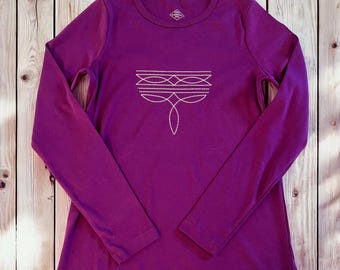 Boot Stitch Embroidered Womens T-Shirt •  Long Sleeve Crew Neck Tee • 100% Cotton • FUCHSIA • Equestrian • Cowgirl • Western • Rodeo • Horse