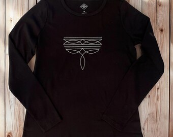 Boot Stitch Embroidered Women's T-Shirt •  Long Sleeve Crew Neck Tee • 100% Cotton • BLACK • Equestrian • Cowgirl • Western • Rodeo • Horse