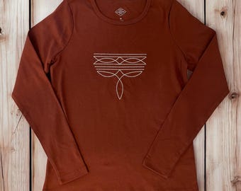 Boot Stitch Embroidered Women's T-Shirt • Long Sleeve Crew Neck Tee • 100% Cotton • BROWN • Equestrian • Cowgirl • Western • Rodeo • Horse
