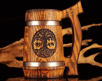 Beer stein personalized Engraved Beer Mug Wooden Tankard Groomsmen Gift for Man, Birthday gift Anniversary, Corporate gift, the tree of Life