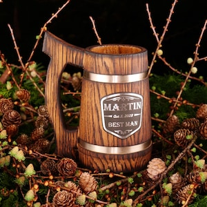 Groomsmen Gift, Best Man Beer Mug, Best Man Gift, Wedding Favors, Wedding Party Gift, Gift for Usher, Beer Mug for Groomsman, Oak Beer Stein