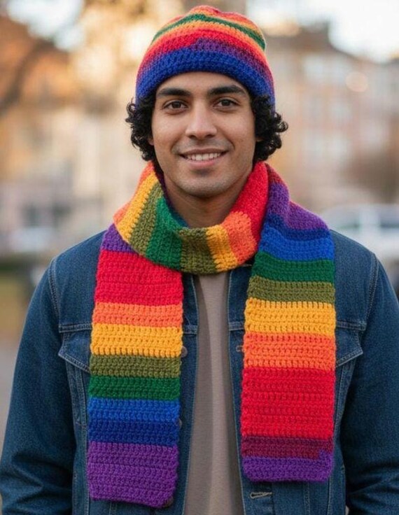 Rainbow Crochet Hat and Scarf Set, Multi Color - Etsy display picture 3