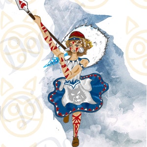 May include: A watercolor illustration of a woman with red and white markings on her arms and legs, wearing a white and blue dress with a wolf fur trim, holding a spear. The woman is standing in front of a wolf silhouette.