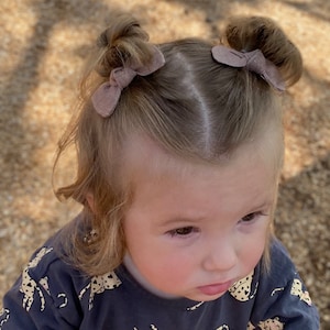 May include: A young child with blonde hair styled in two buns with brown bows. The child is wearing a blue shirt with a leopard print.