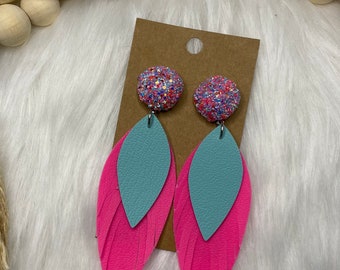 Pink and blue dangle stud earrings, stainless steel, vegan leather earrings for women, statement earrings, gift for mom, gift for wife