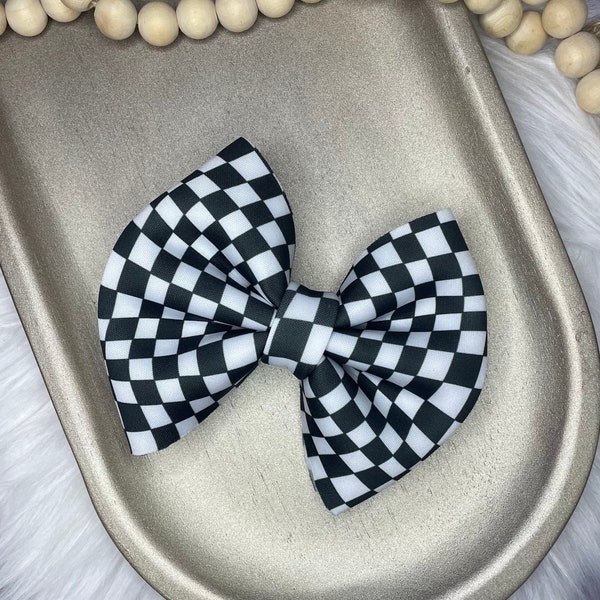 Checkered fabric bows, neoprene hair bows, large fabric bows for girls, black and white checker bow