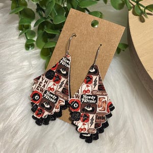 Western Retro Faux Leather Earrings | Howdy Partner Cowgirl Earrings | Scalloped Teardrop Dangles | Black Glitter Accent | Stainless Steel