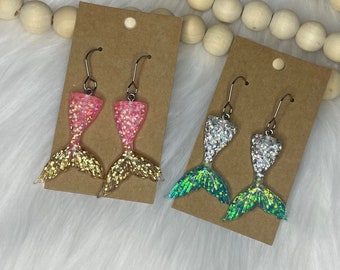 Resin mermaid earrings, dangle earrings for mermaid lovers, sparkly mermaid, stainless steel