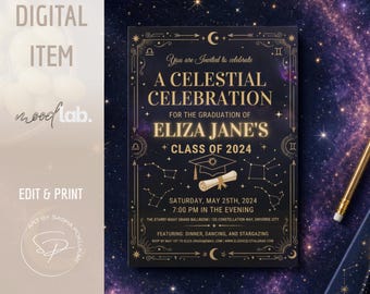 Invito di laurea a tema celeste per la classe del 2026, invito alla festa di laurea a tema notte stellata, modello di annuncio di laurea a tema galassia