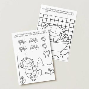 Puede incluir: Dos páginas para colorear en blanco y negro con ilustraciones de dibujos animados. Una página muestra un oso con auriculares, un árbol y flores. La otra página representa una criatura en una bañera con un patito de goma. Hay texto en ambas páginas.