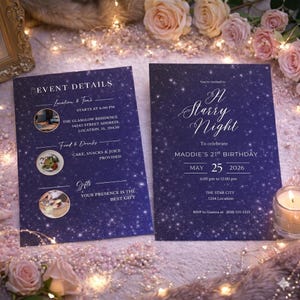 Puede incluir: Dos tarjetas de invitación azul marino con texto blanco y un diseño de noche estrellada. Una tarjeta enumera los detalles del evento, incluyendo la ubicación, la hora, la comida y los regalos. La otra tarjeta invita a los invitados al 21 cumpleaños de Maddie el 25 de mayo de 2026.
