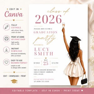 Può includere: Un modello di invito per una festa di laurea con la scritta "Class of 2026" in rosa. L'invito presenta un'illustrazione di una persona con il cappello di laurea che tiene in mano un calice di champagne. Il modello è modificabile in Canva.