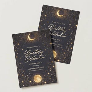 Puede incluir: Dos invitaciones negras para una celebración de cumpleaños con diseños celestiales dorados. Cada tarjeta presenta una luna creciente, estrellas y las palabras "Birthday Celebration" en una escritura elegante. Las invitaciones incluyen detalles del evento.