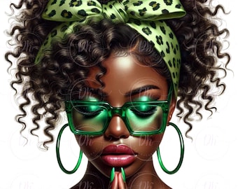 Puede incluir: Una mujer con cabello rizado castaño oscuro lleva una diadema de estampado de leopardo verde y negro y gafas con montura verde. Tiene las manos juntas frente a su rostro y lleva esmalte de uñas verde.