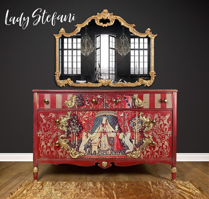 Unicorn Tapestries Dresser Medieval Dresser Red Dresser Etsy
