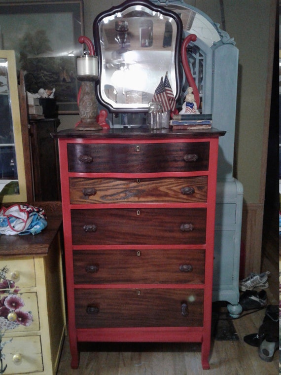Antique Dresser Tall Boy W Mirror Red Dresser Wood Two Tone Etsy