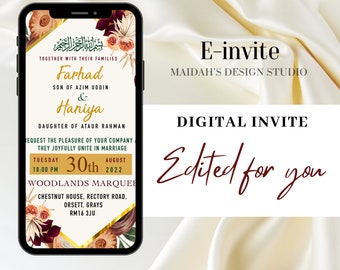 Floral wedding digital invitation, modern electronic invite, Evite, Beautiful wedding e-invite design.