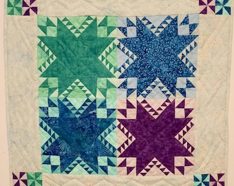 Hand Quilted Feathered Flakes Wall Hanging: Purple, Turquoise & Blue