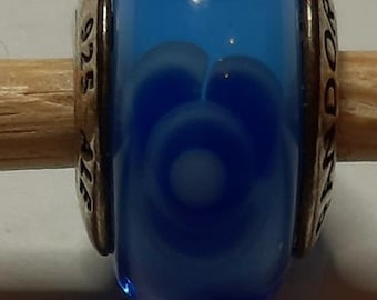 Retired Pandora Sterling/Murano Glass with Light Blue Flowers Charm