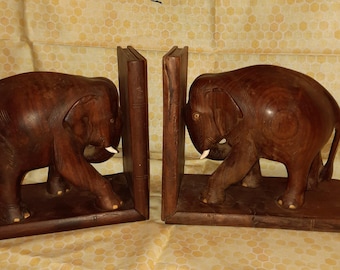 Vintage Asian Hand Carved Elephant Bookends