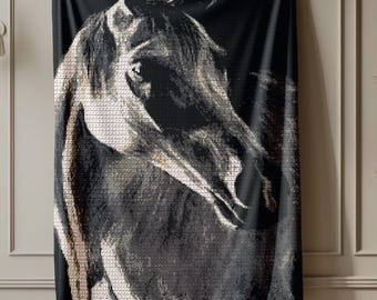 May include: Black and white horse portrait tapestry. The artwork features a detailed depiction of a horse's head and neck against a dark background. The tapestry is rectangular and suitable for wall decor.
