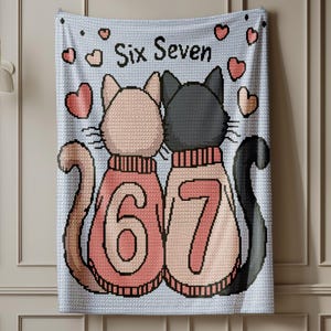 May include: A light blue wall hanging with a crocheted design of two cats wearing sweaters with the numbers 6 and 7. The words "Six Seven" are above the cats, with hearts scattered around. The cats are in pink and black.