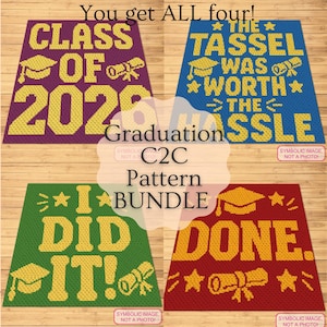 Può includere: Un pacchetto di quattro modelli all'uncinetto C2C colorati a tema laurea. Ogni modello presenta testi come "Class of 2020", "The Tassel Was Worth The Hassle", "I Did It!" e "Done", insieme a grafiche di cappello di laurea e diploma.
