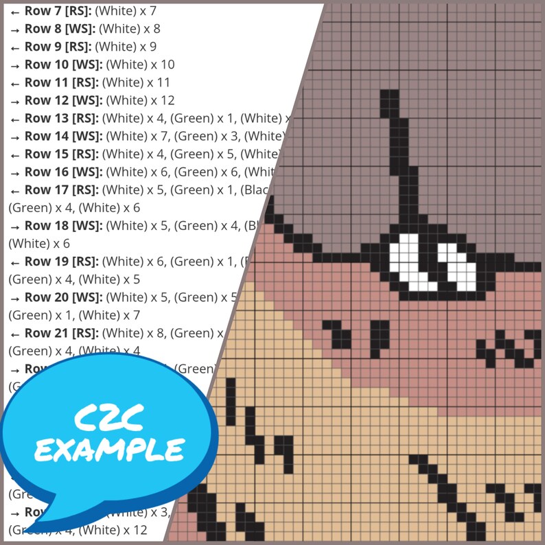 Puede incluir: Un ejemplo de punto de cruz C2C con una imagen pixelada de un animal marr&oacute;n y blanco con un ojo negro. La imagen est&aacute; dividida en una cuadr&iacute;cula de cuadrados, cada cuadrado representa una puntada. Las instrucciones para el punto de cruz se enumeran en el lado izquierdo de la imagen, con cada fila numerada y el color y el n&uacute;mero de puntadas para cada fila enumerados.