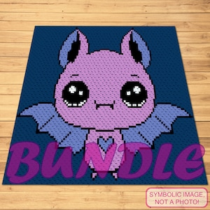 May include: A purple and blue crochet pattern of a cartoon bat with big eyes and a heart on its chest. The bat is on a dark blue background.