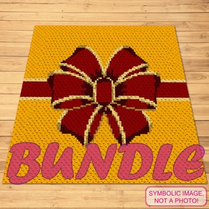 May include: A yellow crochet square with a red bow and a gold ribbon. The text "BUNDLE" is written in pink letters on the bottom of the square.  "SYMBOLIC IMAGE, NOT A PHOTO!" is written in white letters on a black rectangle at the bottom of the image.
