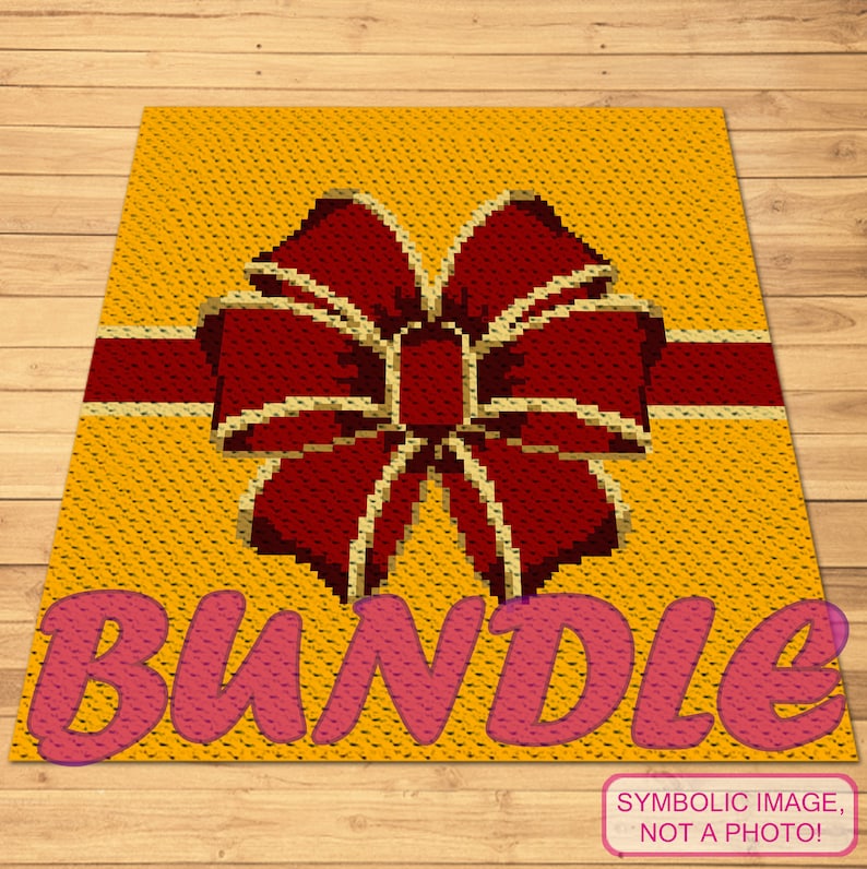 May include: A yellow crochet square with a red bow and a gold ribbon. The text "BUNDLE" is written in pink letters on the bottom of the square.  "SYMBOLIC IMAGE, NOT A PHOTO!" is written in white letters on a black rectangle at the bottom of the image.