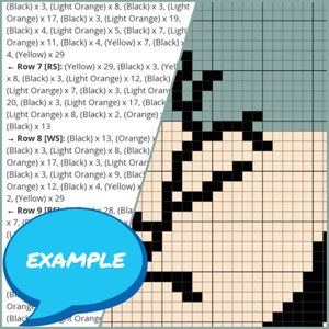 May include: A black and white grid with a pattern of black squares. The grid is labelled with the words "Row 7", "Row 8", and "Row 9". The grid is also labelled with the words "(Black)", "(Light Orange)", "(Orange)", and "(Yellow)". The word "EXAMPLE" is written in a blue speech bubble.