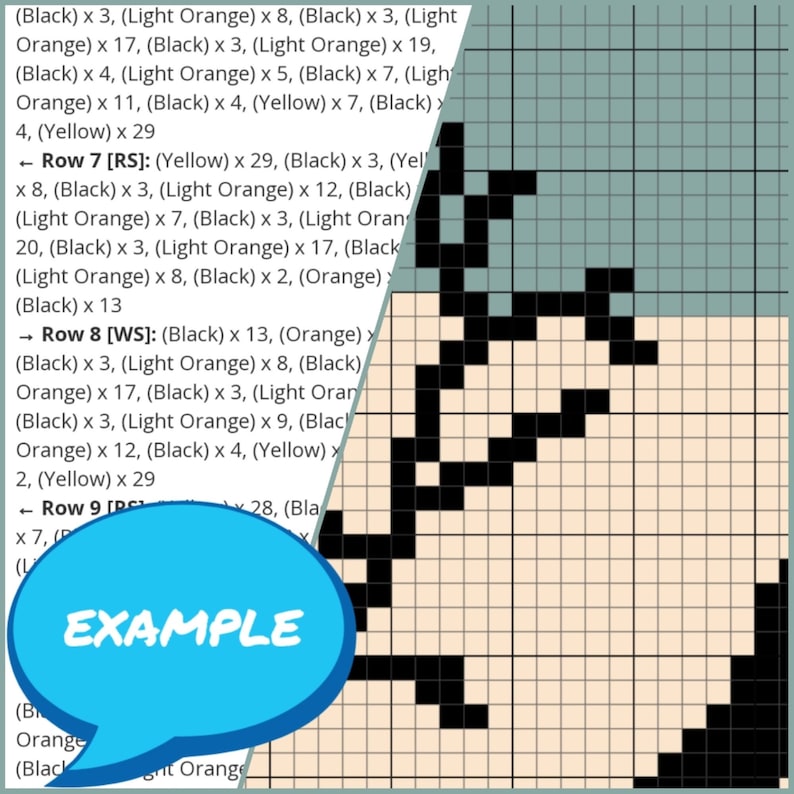 May include: A black and white grid with a pattern of black squares. The grid is labelled with the words "Row 7", "Row 8", and "Row 9". The grid is also labelled with the words "(Black)", "(Light Orange)", "(Orange)", and "(Yellow)". The word "EXAMPLE" is written in a blue speech bubble.