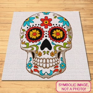 Crochet Sugar Skull, Halloween Crochet Blanket - Tapestry Crochet Blanket Pattern with Written Instructions