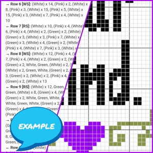 Pu&ograve; includere: Uno schema di punto croce pixel art con la parola "find" in nero e un cuore viola sotto. Lo schema include istruzioni per ogni riga, utilizzando filo bianco, rosa, verde e nero.