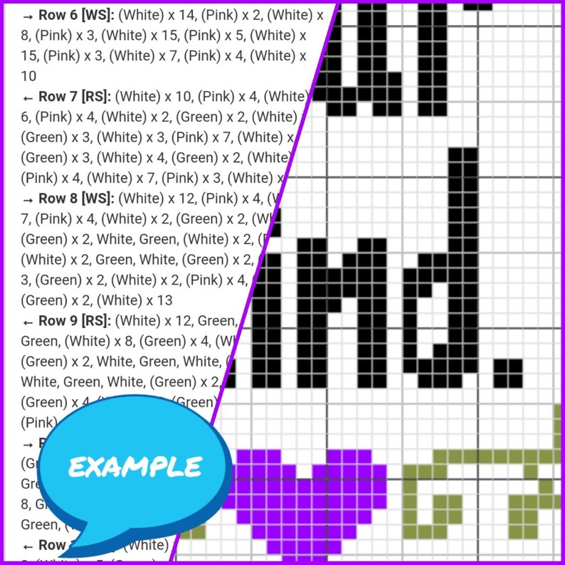 Pu&ograve; includere: Uno schema di punto croce pixel art con la parola "find" in nero e un cuore viola sotto. Lo schema include istruzioni per ogni riga, utilizzando filo bianco, rosa, verde e nero.