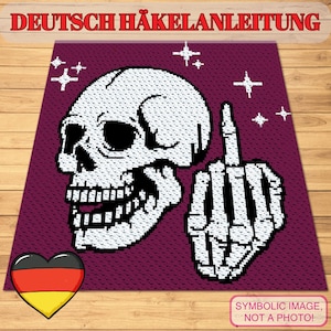 May include: A white skull and skeleton hand with the middle finger raised, on a purple background. The image includes the text "DEUTSCH HÄKELANLEITUNG" and a heart with the German flag colors. The text "SYMBOLIC IMAGE, NOT A PHOTO!" is also present.