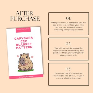 Puede incluir: Un patr&oacute;n de descarga digital para una manta de crochet C2C con un lindo capibara de dibujos animados. El patr&oacute;n se titula "Capybara C2C Blanket Pattern" y est&aacute; disponible para comprar en Etsy.