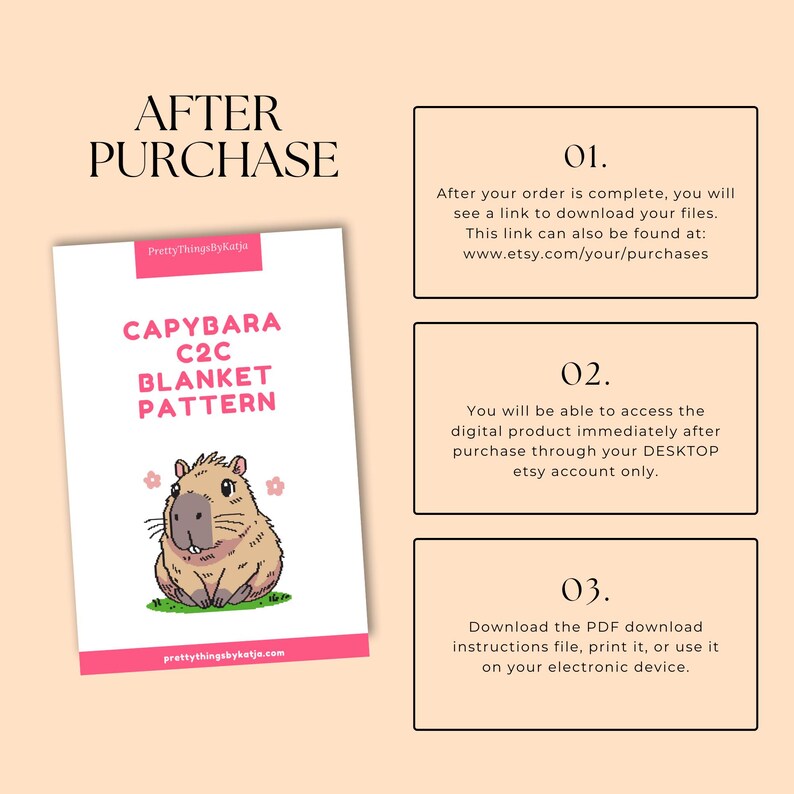 Puede incluir: Un patr&oacute;n de descarga digital para una manta de crochet C2C con un lindo capibara de dibujos animados. El patr&oacute;n se titula "Capybara C2C Blanket Pattern" y est&aacute; disponible para comprar en Etsy.
