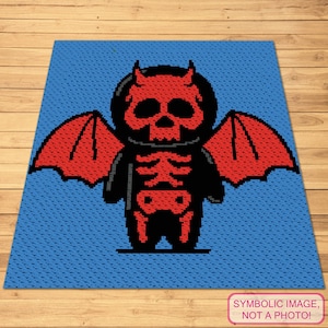 May include: A red and black pixel art illustration of a devil with wings on a blue background. The devil has a skull head, horns, and a skeleton body.
