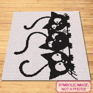 かぎ針編みの猫のパターン、黒猫のかぎ針編みのブランケットのパターン、かぎ針編みのアフガンのパターン PDF、かぎ針編みのグラフガンのパターン、かぎ針編みの動物のパターン